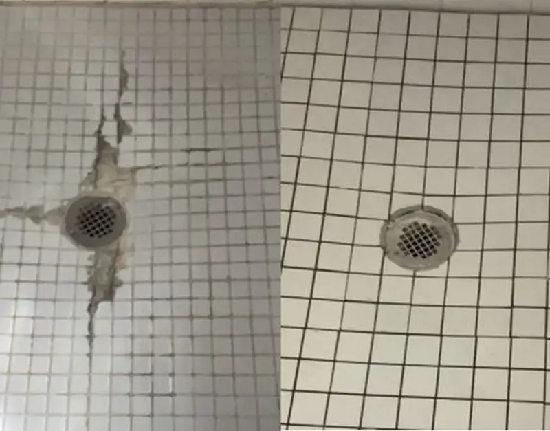 Before and after photo of tiles around a drain repaired by a Mustang handyman.