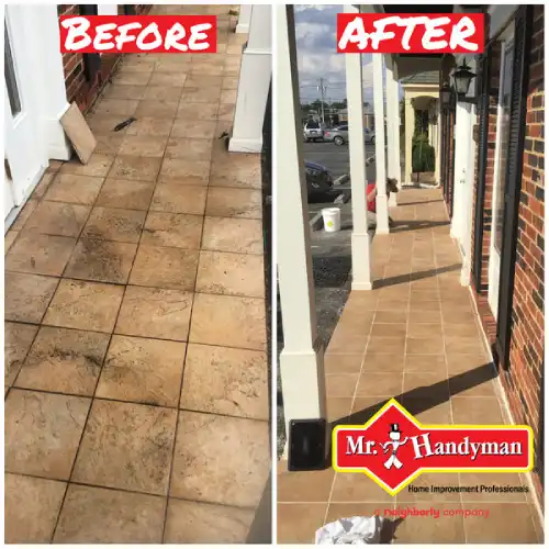 Before and after an exterior floor tile repair project done by Mr. Handyman of Northern Virginia - Arlington to Haymarket.