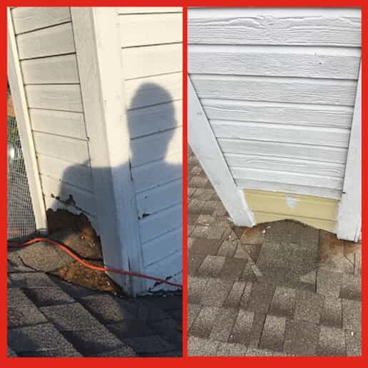  Siding on a home’s chimney before and after siding repairs have been completed by Mr. Handyman.