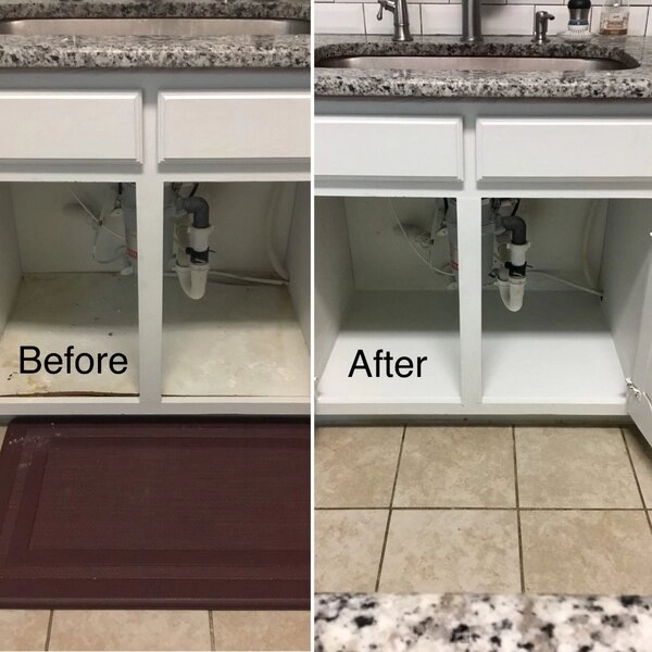 Cabinets below a kitchen sink before and after Mr. Handyman has provided frisco cabinet repair service.