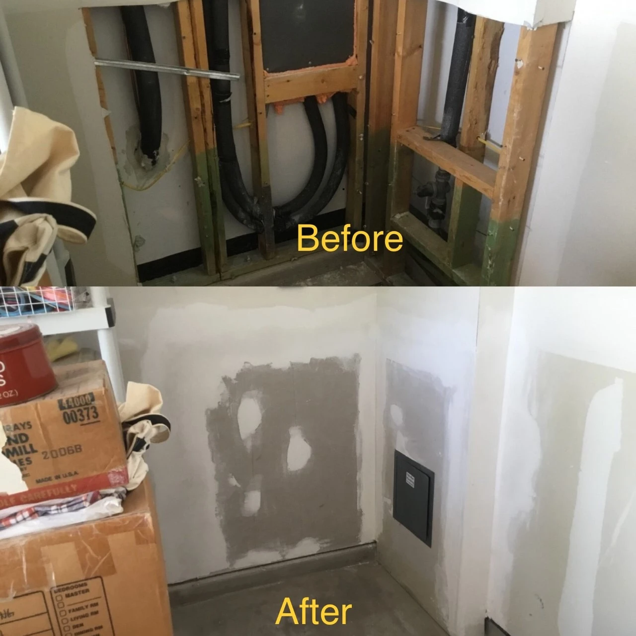 A large hole in the corner of a room with wooden stud boards visible through the hole, and the same corner of the room with new drywall sheets that have been installed by Mr. Handyman.