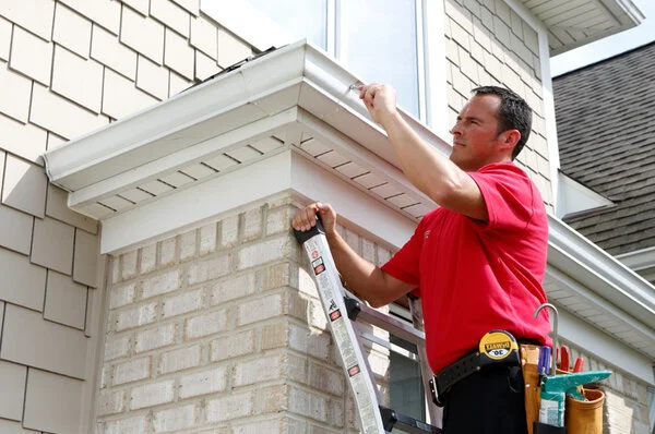 A handyman from Mr. Handyman using a screwdriver to repair part of a home’s gutters during an appointment for Overland park gutter cleaning and repair.