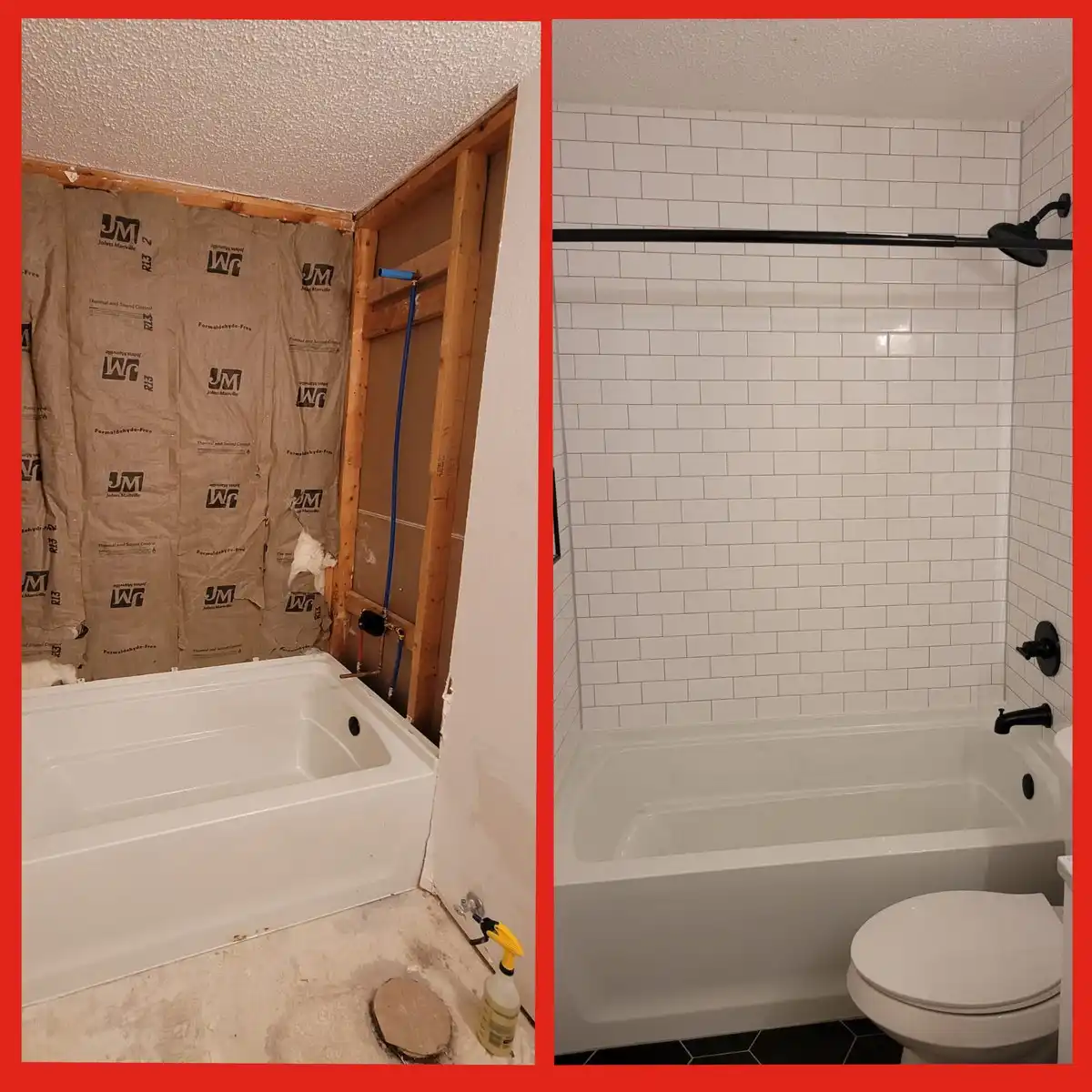 Before and after photos showing bathroom remodel performed by Mr. Handyman in South Fort Worth home.