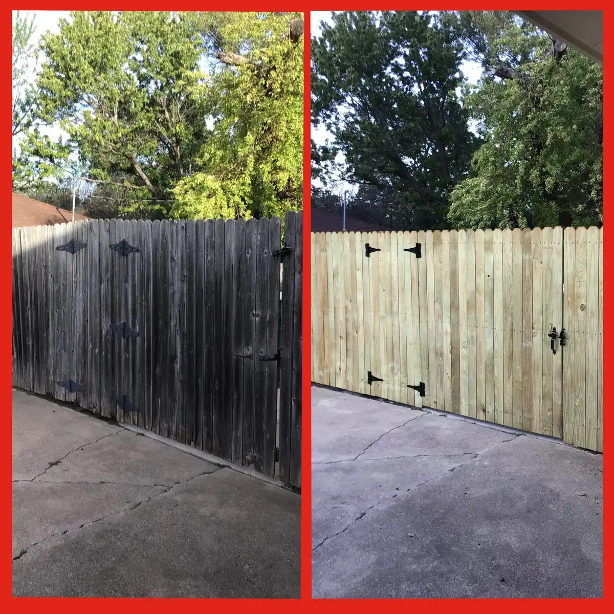 Before and after photos showcasing fence repair performed by Mr. Handyman.