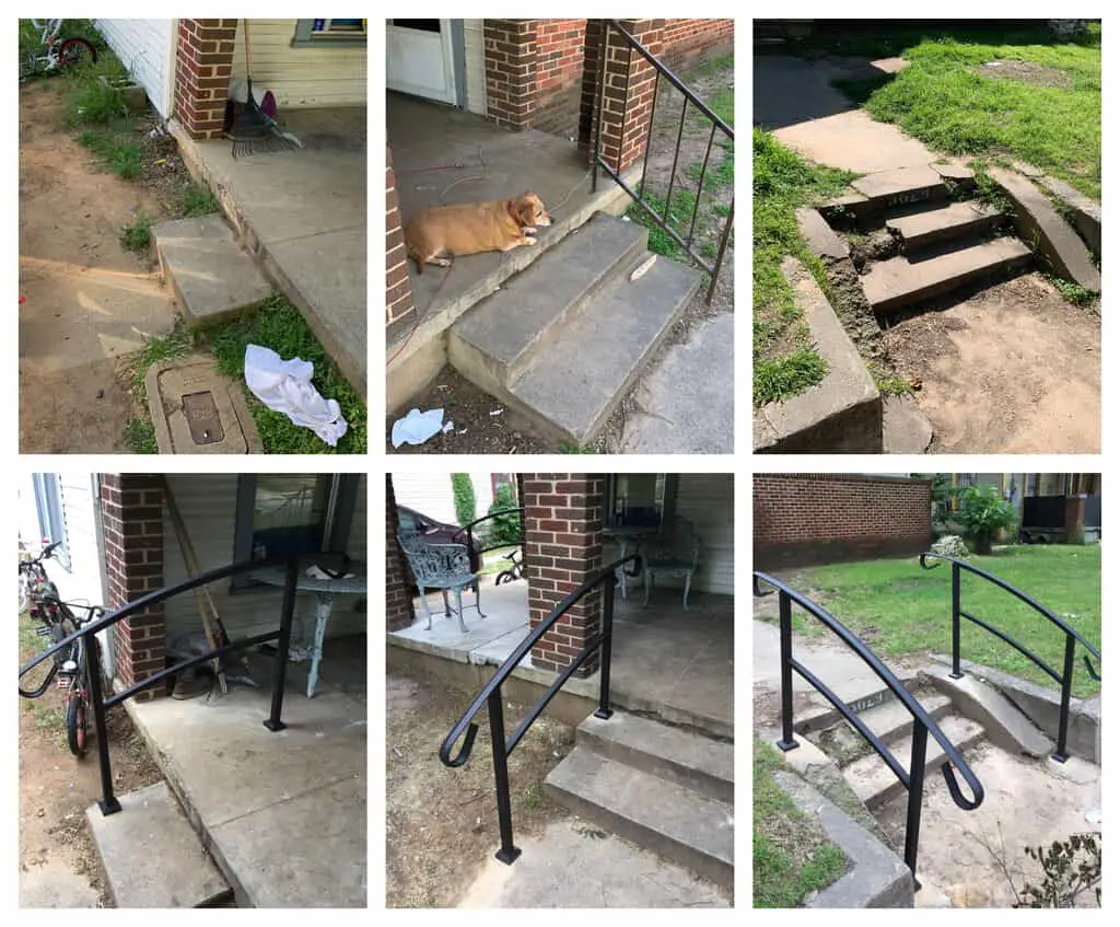 A set of exterior stone stairs before, during and after Mr. Handyman has provided service to install a new handrail.