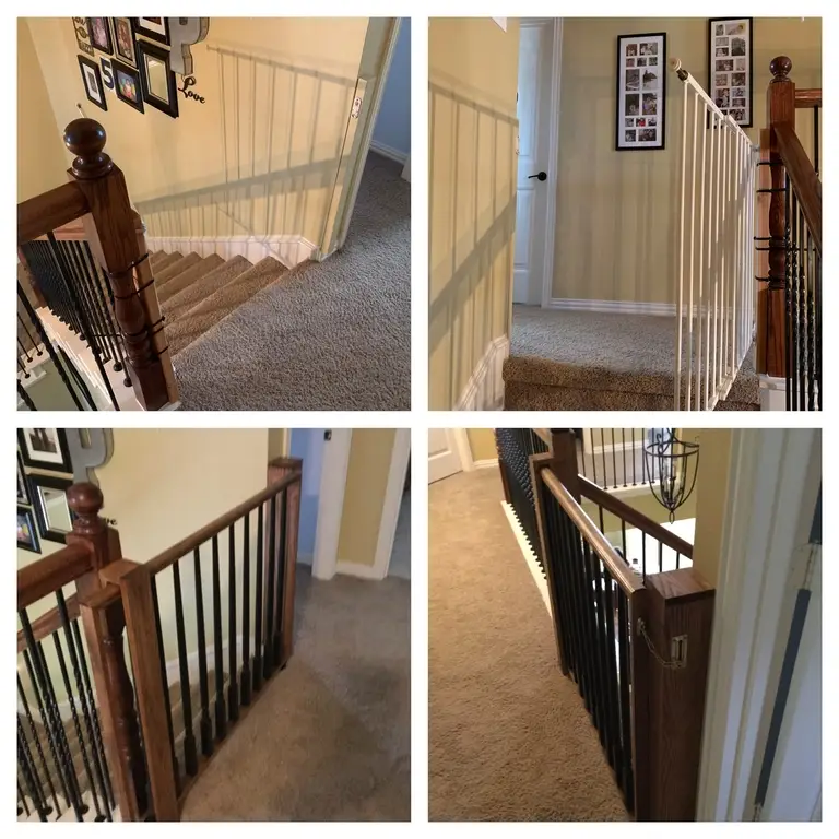 The top of an indoor staircase before and after it has had a gate installed by Mr. Handyman.