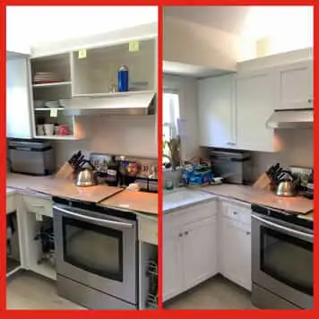 Cabinets in the corner of a residential kitchen before and after the cabinet doors have been replaced by Mr. Handyman.