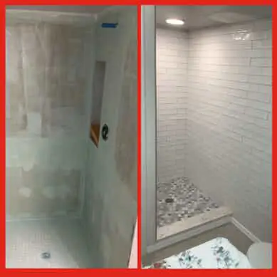The shower stall of a standing shower in a residential bathroom before and after new tile has been installed on the walls and floor during a Naples bathroom remodel.