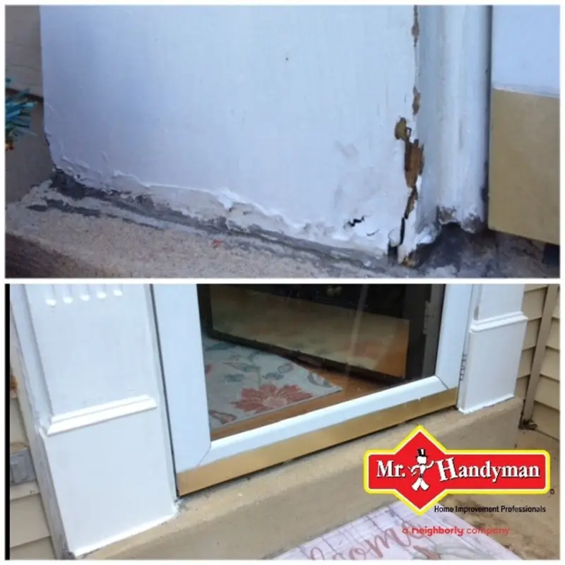 A basement doorway before, during and after a new door slab has been installed by Mr. Handyman.