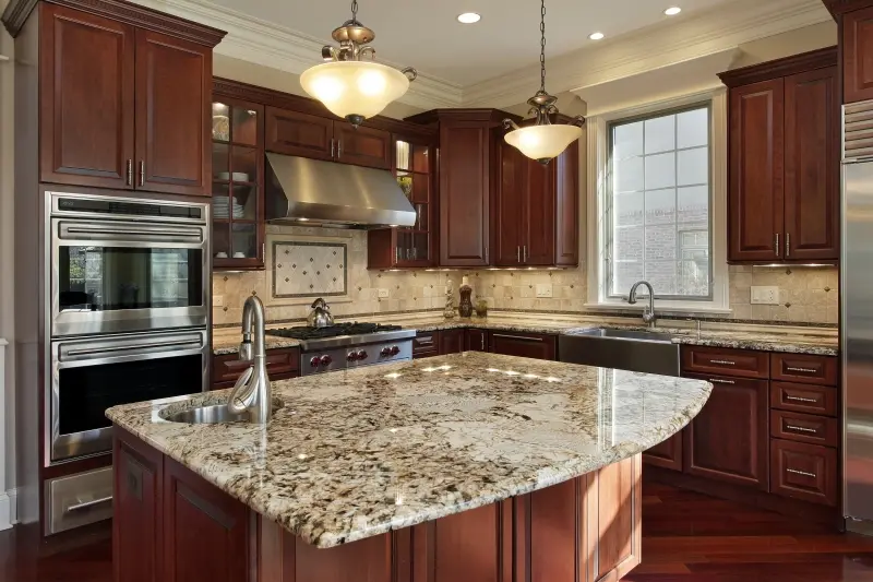 Brown kitchen cabinets.