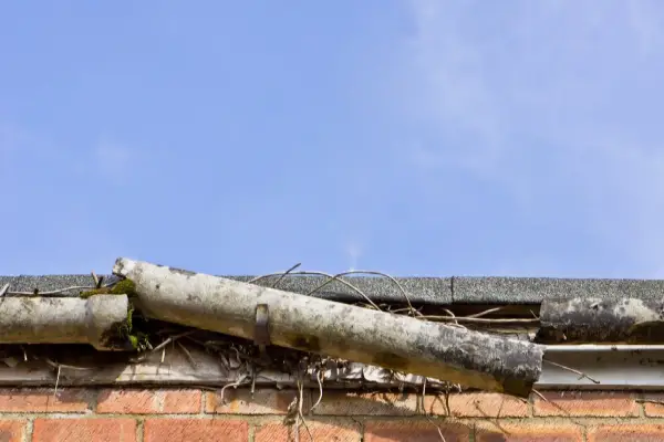 A damaged section of gutter on a roof overrun with roots and branches and in desperate need of professional gutter repair in Frisco, TX.