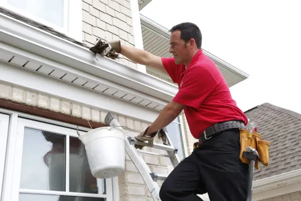 A handyman from Mr. Handyman using a ladder and gloves to clean a home’s gutters before providing services for gutter repair in Flower Mound, TX.