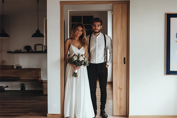 Young couple standing in between an open pocket door.