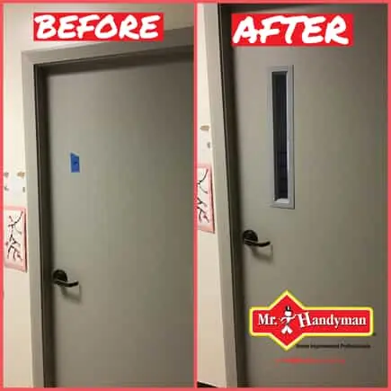 A commercial door at a NoVA business before and after a security window has been added by Mr. Handyman.